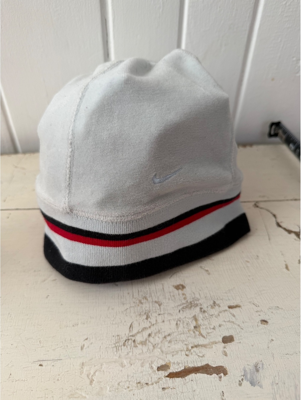 Nike Velvet Beanie Hat Light Blue with Black, Red, and White Stripes